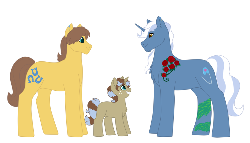 Size: 3500x2000 | Tagged: artist:silcybell, blushing, caramel, chest fluff, derpibooru import, gay, implied toffee, male, oc, oc:brown sugar, offspring, parent:caramel, parent:pokey pierce, parents:pokeymel, parents:pokeytoffee, parent:toffee, piercing, pokeymel, pokey pierce, pokeytoffee, safe, shipping, surrogate mother, tattoo