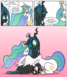 Size: 3574x4144 | Tagged: safe, artist:manual-monaro, derpibooru import, princess celestia, queen chrysalis, alicorn, pony, :o, absurd resolution, blushing, chryslestia, comic, cuddling, cute, cutealis, cutelestia, dialogue, eye contact, eyes closed, female, floppy ears, frown, glare, gradient background, hug, lesbian, looking at each other, mare, open mouth, raised hoof, shipping, shocked, sitting, smiling, snuggling, speech bubble, unamused, wide eyes, winghug