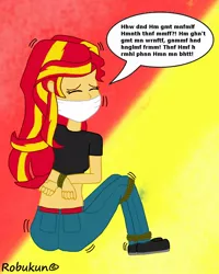 Size: 1000x1250 | Tagged: suggestive, artist:robukun, derpibooru import, sunset shimmer, equestria girls, ass, bondage, bunset shimmer, butt, cloth gag, clothes, cosplay, costume, female, femsub, flannery, gag, muffled words, pants, pokémon, solo, solo female, submissive, subset