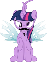 Size: 1198x1576 | Tagged: artist:waveywaves, changeling wings, derp, derpibooru import, moustache, multiple horns, multiple limbs, safe, simple background, solo, spell gone wrong, transparent background, twilight sparkle, wat, what has magic done