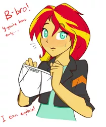 Size: 1006x1195 | Tagged: suggestive, artist:figgot, artist:marno, derpibooru import, sunset shimmer, human, equestria girls, blushing, clothes, fetish, humanized, offscreen character, olfactophilia, solo, suncest shimmer, talking to viewer, underwear