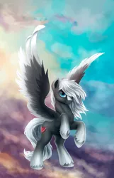 Size: 1832x2836 | Tagged: safe, artist:l1nkoln, derpibooru import, oc, oc:sacred blade, unofficial characters only, pegasus, pony, hair over one eye, looking at you, raised leg, rearing, smiling, solo, spread wings, unshorn fetlocks