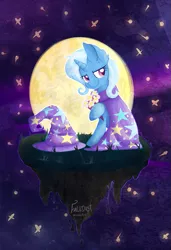 Size: 617x900 | Tagged: safe, artist:falldust, derpibooru import, trixie, pony, unicorn, bouquet, dirt cube, ear fluff, female, floating island, flower, mare, moon, solo, stars