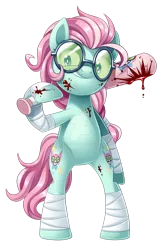 Size: 1280x2006 | Tagged: semi-grimdark, artist:centchi, derpibooru import, oc, oc:genki, oc:genki desu, unofficial characters only, earth pony, pony, baseball bat, bipedal, blood, female, gore, professor genki, professor genki's super ethical reality climax, saints row, solo, watermark