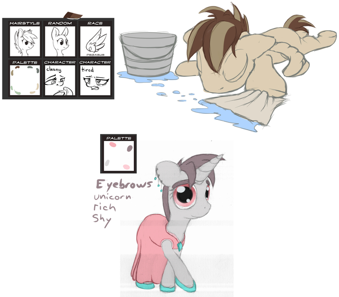 Size: 2281x2000 | Tagged: safe, artist:stillwaterspony, derpibooru import, oc, unofficial characters only, pegasus, pony, unicorn, bucket, clean, clothes, dress, female, mare, pony randomizer challenge, rag, rich, rough, shoes, shy, sketchy, tired, two toned mane
