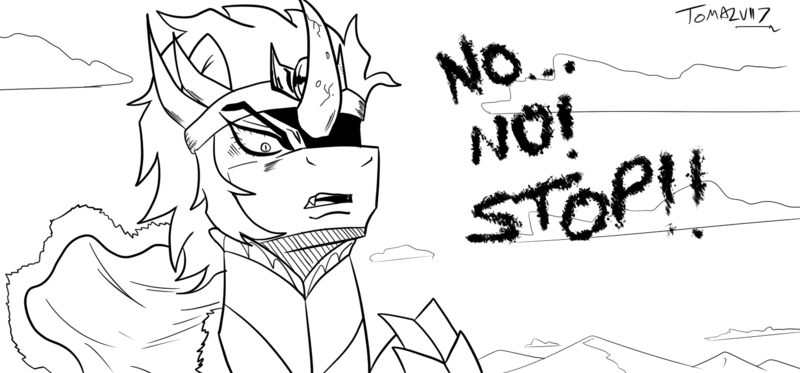 Size: 1500x700 | Tagged: 30 minute art challenge, artist:tomazii7, attack eyebrows, derpibooru import, dialogue, king sombra, monochrome, mountain, safe, scene interpretation, solo