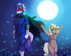 Size: 2926x2323 | Tagged: safe, artist:freedomthai, derpibooru import, oc, oc:eclipse, oc:sarah, unofficial characters only, anthro, earth pony, unicorn, abs, armpits, barbie doll anatomy, bare chest, belly button, cape, clothes, duo, fangs, featureless crotch, full moon, glowing eyes, looking at you, moon, night, open mouth, pubic fluff, smiling, stars