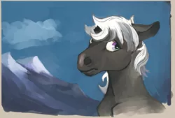 Size: 1345x909 | Tagged: safe, artist:spectralunicorn, derpibooru import, oc, oc:broken horn, unofficial characters only, pony, unicorn, broken horn, bust, floppy ears, looking at you, mountain, portrait, sky, solo