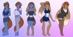 Size: 1280x657 | Tagged: anthro, armpits, artist:jonfawkes, belly button, breasts, character to character, clothes, dead source, derpibooru import, dress, female, floppy ears, furry, glasses, looking at you, midriff, non-mlp oc, :o, oc, open mouth, rabbit, shorts, sideboob, skirt, smiling, socks, solo, solo female, species swap, stockings, suggestive, thigh highs, transformation, transformation sequence, unguligrade anthro, unofficial characters only