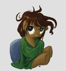 Size: 1460x1567 | Tagged: safe, artist:genbulein, derpibooru import, oc, oc:heartbreak, unofficial characters only, earth pony, pony, blanket, blue eyes, cute, female, human in equestria, human to pony, male to female, mare, messy mane, my little heartbreak, pillow, rule 63, solo