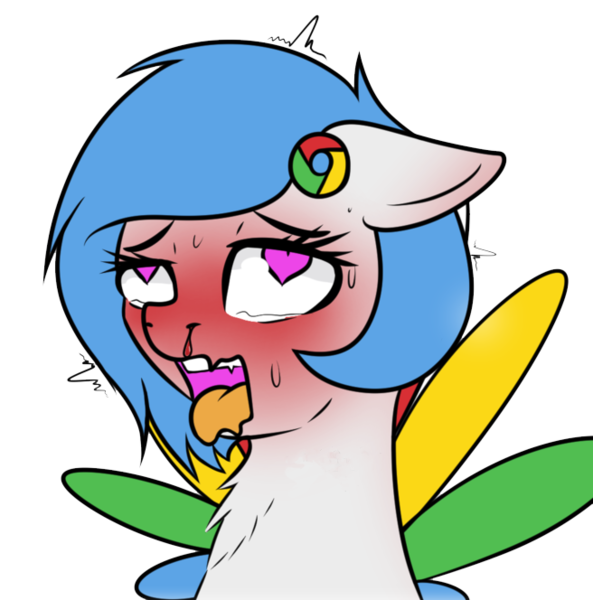 Size: 656x664 | Tagged: suggestive, artist:10art1, derpibooru import, oc, oc:google chrome, unofficial characters only, ahegao, blood, blushing, browser ponies, bust, google chrome, heart eyes, implied sex, nosebleed, open mouth, simple background, solo, sweat, tongue out, transparent background, wingboner, wingding eyes