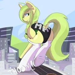 Size: 2000x2000 | Tagged: suggestive, artist:mrrowboat, derpibooru import, oc, oc:sequoia, unofficial characters only, pony, butt grab, city, clothes, destruction, dock, female, giant pony, grope, lip bite, looking back, macro, panties, plot, socks, solo, solo female, titanic plot terror, underhoof, underwear