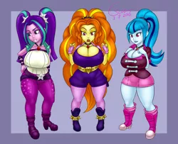 Size: 1230x1000 | Tagged: suggestive, artist:csium, derpibooru import, adagio dazzle, aria blaze, sonata dusk, equestria girls, rainbow rocks, big breasts, breasts, busty adagio dazzle, busty aria blaze, busty sonata dusk, chubby, cleavage, erect nipples, female, huge breasts, looking at you, nipple outline, nipples, open mouth, plump, shortstack, thunder thighs, wide hips