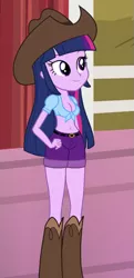 Size: 405x840 | Tagged: safe, derpibooru import, edit, edited screencap, editor:ah96, screencap, twilight sparkle, equestria girls, rainbow rocks, shake your tail, belly button, breast edit, breasts, cleavage, cropped, female, front knot midriff, hat, midriff, solo