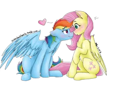 Size: 1024x768 | Tagged: safe, artist:estheticart, derpibooru import, fluttershy, rainbow dash, pony, blushing, boop, female, flutterdash, heart, lesbian, mare, noseboop, shipping