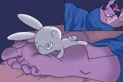 Size: 1500x1000 | Tagged: angel bunny, angeltwi, anonymous artist, anthro, barefoot, bedsheets, derpibooru import, feet, female, foot fetish, foot focus, male, pillow, plantigrade anthro, shipping, sleeping, smiling, soles, straight, suggestive, tickling, toes, twilight sparkle