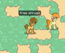 Size: 404x333 | Tagged: safe, derpibooru import, screencap, oc, oc:meadow stargazer, oc:safe haven, unofficial characters only, pony, pony town, female, free shrugs, lidded eyes, meme, pixel art, shrug, smiling, speech bubble