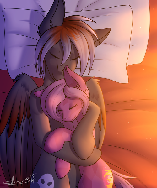 Size: 2500x3000 | Tagged: safe, artist:silverfox057, derpibooru import, oc, oc:chosen heart, oc:funeral dirge, unofficial characters only, crystal pony, pony, bed, cuddling, female, male, pillow, sleeping, snuggling, straight