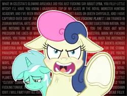 Size: 1890x1429 | Tagged: safe, artist:manual-monaro, derpibooru import, bon bon, lyra heartstrings, sweetie drops, pony, against glass, angry, blushing, bon bon is not amused, bon bon is pissed, copypasta, cross-popping veins, crying, dialogue, female, floppy ears, glass, hooves, lesbian, lyrabon, mare, meme, navy seal copypasta, protecting, sad, secret agent sweetie drops, shipping, text, underhoof, vein, vulgar, wall of text