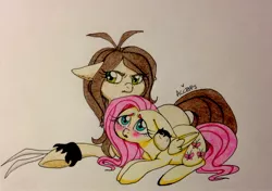 Size: 2731x1922 | Tagged: andrea libman, artist:ameliacostanza, claws, crossover, derpibooru import, duo, fluttershy, laura kinney, marvel, ponified, safe, traditional art, voice actor joke, x-23, x-men