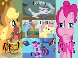 Size: 1024x768 | Tagged: apple, apple core, applejack, book, caption, derp, derpibooru import, discorded, fluttershy, food, image macro, mane six, meme, pinkie derp, pinkie pie, rainbow dash, rarity, safe, tom, twilight sparkle