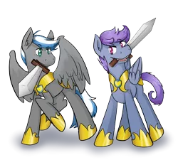 Size: 5669x5102 | Tagged: safe, artist:apple-crumbler, derpibooru import, oc, oc:cloud zapper, oc:windy dripper, unofficial characters only, pegasus, pony, absurd resolution, armor, mouth hold, royal guard, sword, weapon
