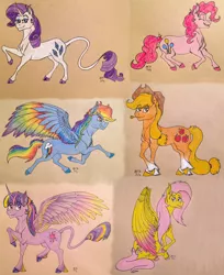 Size: 1800x2205 | Tagged: safe, artist:ambergerr, derpibooru import, applejack, fluttershy, pinkie pie, rainbow dash, rarity, twilight sparkle, twilight sparkle (alicorn), alicorn, classical unicorn, earth pony, pegasus, pony, unicorn, cheek fluff, chest fluff, cloven hooves, colored wings, colored wingtips, ear fluff, eyes closed, female, fluffy, grin, hoof fluff, jumping, leg fluff, leonine tail, lidded eyes, looking at you, looking back, looking up, mane six, mare, multicolored wings, rainbow wings, raised hoof, raised leg, running, shoulder fluff, sitting, smiling, spread wings, tail fluff, traditional art, unshorn fetlocks, wing fluff, wings