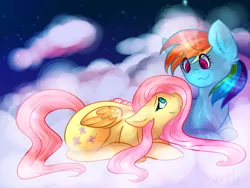 Size: 1600x1200 | Tagged: safe, artist:alex-scratch-17, derpibooru import, fluttershy, rainbow dash, pony, cloud, cuddling, female, floppy ears, flutterdash, lesbian, mare, night, prone, shipping, snuggling, stars