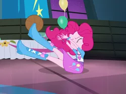 Size: 672x502 | Tagged: safe, derpibooru import, screencap, pinkie pie, equestria girls, rainbow rocks, shake your tail, balloon, basketball, boots, clothes, cropped, high heel boots, punch (drink), punch bowl, skirt, solo