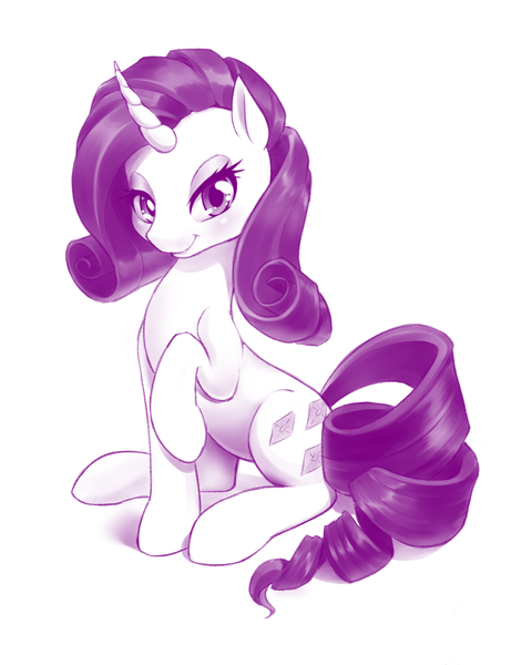 Size: 768x1000 | Tagged: artist:dstears, derpibooru import, looking at you, monochrome, raised hoof, rarity, safe, simple background, smiling, solo, white background