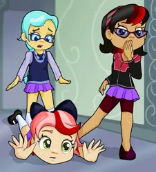 Size: 832x922 | Tagged: safe, artist:ohohokapi, deleted from derpibooru, derpibooru import, oc, oc:cherrypop, oc:melon blossom, oc:turtledove, unofficial characters only, equestria girls, clothes, compression shorts, freckles, glasses, hair bow, mary janes, pleated skirt, shoes, shorts, skirt, socks