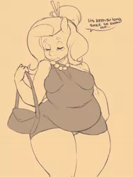 Size: 1536x2048 | Tagged: anthro, artist:pijinpyon, belly, big belly, chubby, clothes, derpibooru import, dress, fat, fattershy, female, fluttershy, handbag, jewelry, lineart, monochrome, necklace, panties, pearl necklace, plump, saggy, sepia, solo, solo female, suggestive, underwear, wide hips