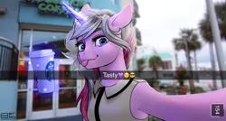 Size: 1712x918 | Tagged: safe, artist:8bitamy, derpibooru import, oc, oc:masquerade, unofficial characters only, pony, unicorn, armpits, caption, coffee, irl, magic, photo, selfie, snapchat, solo, starbucks, telekinesis, tongue out