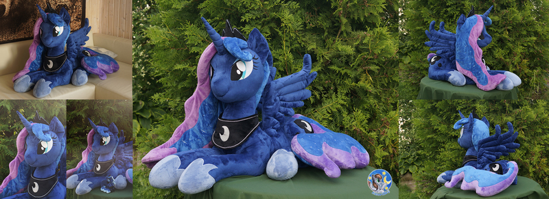 Size: 2747x1000 | Tagged: artist:essorille, dead source, derpibooru import, irl, life size, photo, plushie, princess luna, prone, safe, solo