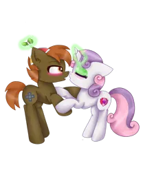 Size: 1024x1229 | Tagged: artist:fennelynthefennekin1, blushing, button mash, cutie mark, derpibooru import, ear fluff, eyeshadow, female, imminent kissing, magic, makeup, male, safe, shipping, simple background, straight, sweetie belle, sweetiemash, the cmc's cutie marks, transparent background