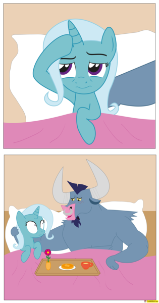 Size: 2809x5349 | Tagged: suggestive, artist:conikiblasu-fan, derpibooru import, iron will, trixie, pony, unicorn, afterglow, bed, breakfast in bed, comic, crack shipping, female, implied sex, implied shipping, irontrix, male, mare, shipping, straight