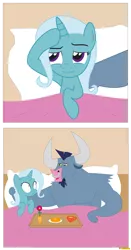 Size: 2809x5349 | Tagged: suggestive, artist:conikiblasu-fan, derpibooru import, iron will, trixie, pony, unicorn, afterglow, bed, breakfast in bed, comic, crack shipping, female, implied sex, implied shipping, irontrix, male, mare, shipping, straight