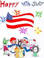 Size: 2059x2709 | Tagged: 4th of july, american flag, annoying dog, artist:pokeneo1234, crossover, derpibooru import, fireworks, hello kitty, katy, katy chao, katy (unico), mona, nanalan, pound cake, pumpkin cake, raggedy andy, raggedy ann, safe, sanrio, temmie, tem shop, undertale, unico