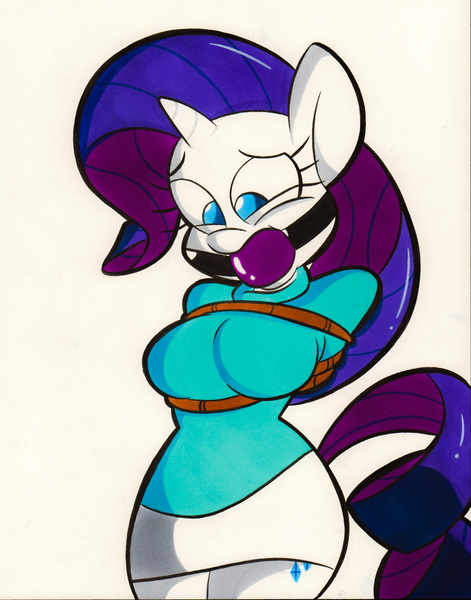 Size: 2560x3263 | Tagged: suggestive, artist:tempson, derpibooru import, rarity, anthro, unicorn, ballgag, bondage, breasts, busty rarity, female, gag, mare, rope, rope bondage, solo, solo female, traditional art