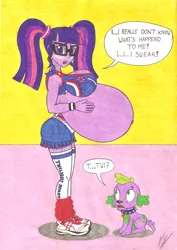 Size: 2465x3489 | Tagged: safe, artist:metaldudepl666, derpibooru import, sci-twi, spike, spike the regular dog, twilight sparkle, dog, equestria girls, alternate hairstyle, belly, big breasts, blushing, breasts, busty twilight sparkle, cheerleader, cheerleader outfit, cheerleader sparkle, crossover, female, fetish, glasses, huge breasts, hyper, hyper pregnancy, impossibly large belly, inflation, lollipop chainsaw, looking at you, phantom pregnancy, pregnant, sneakers, sneakers fetish, teen pregnancy, voice actor joke