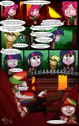 Size: 1024x1638 | Tagged: applejack, artist:fj-c, belly button, clothes, comic, derpibooru import, dialogue, fantasy equestria, human, humanized, midriff, pinkie pie, rainbow dash, rarity, safe, scar, spanish