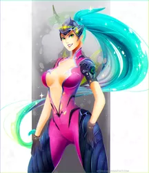 Size: 2703x3133 | Tagged: suggestive, artist:koveliana, derpibooru import, queen chrysalis, human, absolute cleavage, belly button, breasts, busty queen chrysalis, chromatic aberration, cleavage, clothes, color porn, cosplay, crossover, female, gloves, green eyes, humanized, overwatch, ponytail, solo, solo female, tight clothing, widowmaker