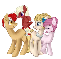 Size: 910x879 | Tagged: artist:goshhhh, bandana, blushing, colt, cute, derpibooru import, eyes closed, family, foal, freckles, grin, hair bow, hair bun, male, nervous, oc, oc:pepper ridge, oc:red velvet, oc:sunbeam, oc:velvet step, open mouth, safe, smiling, sweat, unofficial characters only