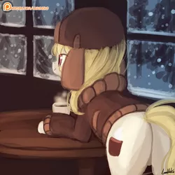 Size: 750x750 | Tagged: safe, artist:lumineko, derpibooru import, march gustysnows, pony, coffee, cup, female, mare, patreon, patreon logo, plot, smiling, snow, solo, table, tree, window