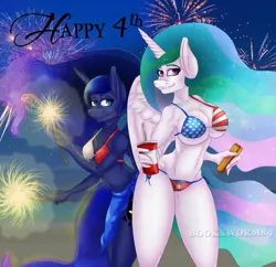 Size: 1280x1239 | Tagged: 4th of july, american flag, american flag bikini, anthro, armpits, artist:bookxworm89, beach, belly button, big breasts, bikini, breasts, busty princess celestia, busty princess luna, clothes, derpibooru import, female, flag bikini, food, hot dog, meat, princess celestia, princess luna, sarong, sausage, soda, sparklers, suggestive, swimsuit