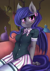 Size: 540x771 | Tagged: safe, artist:atane27, derpibooru import, oc, oc:dusk rhine, unofficial characters only, anthro, bat pony, bowtie, clothes, couch, cute, female, hair bow, looking at you, mare, nervous, smiling, socks, solo, thigh highs