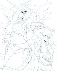 Size: 805x997 | Tagged: anthro, artist:slugbox, belly button, big breasts, breasts, busty princess celestia, busty princess luna, chaps, cleavage, cowgirl outfit, derpibooru import, duo, female, gun, hair over one eye, handgun, looking at you, monochrome, pistol, princess celestia, princess luna, revolver, spread wings, suggestive, weapon, wild westia, wip