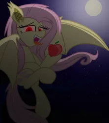 Size: 1600x1800 | Tagged: safe, artist:geraritydevillefort, derpibooru import, fluttershy, bat pony, pony, apple, fangs, floating, flutterbat, fruit, full moon, night sky, open mouth, red eyes, solo, stars, tongue out