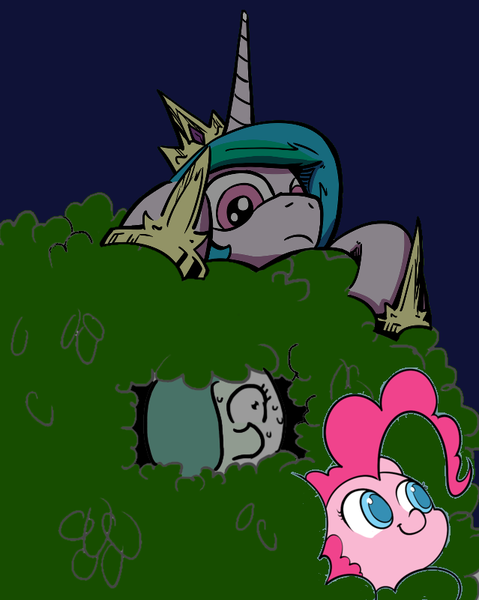 Size: 639x800 | Tagged: artist:ficficponyfic, artist:lovelyneckbeard, artist:valcron, bush, color, colored, color edit, colt, colt quest, derpibooru import, edit, edited edit, frown, hiding, male, nervous, night, oc, oc:emerald jewel, pinkie pie, princess celestia, q&a, safe, searching, sweat, wip