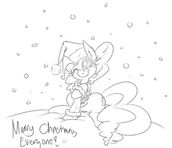 Size: 2941x2546 | Tagged: artist:leadhooves, derpibooru import, hat, monochrome, one eye closed, pinkie pie, safe, santa hat, snow, snowfall, solo, wink